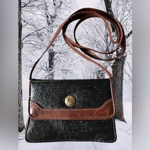 Bag Bazaar Vintage Black Leather (Ostrich embossed) w/ Brown Trim Crossbody Bag